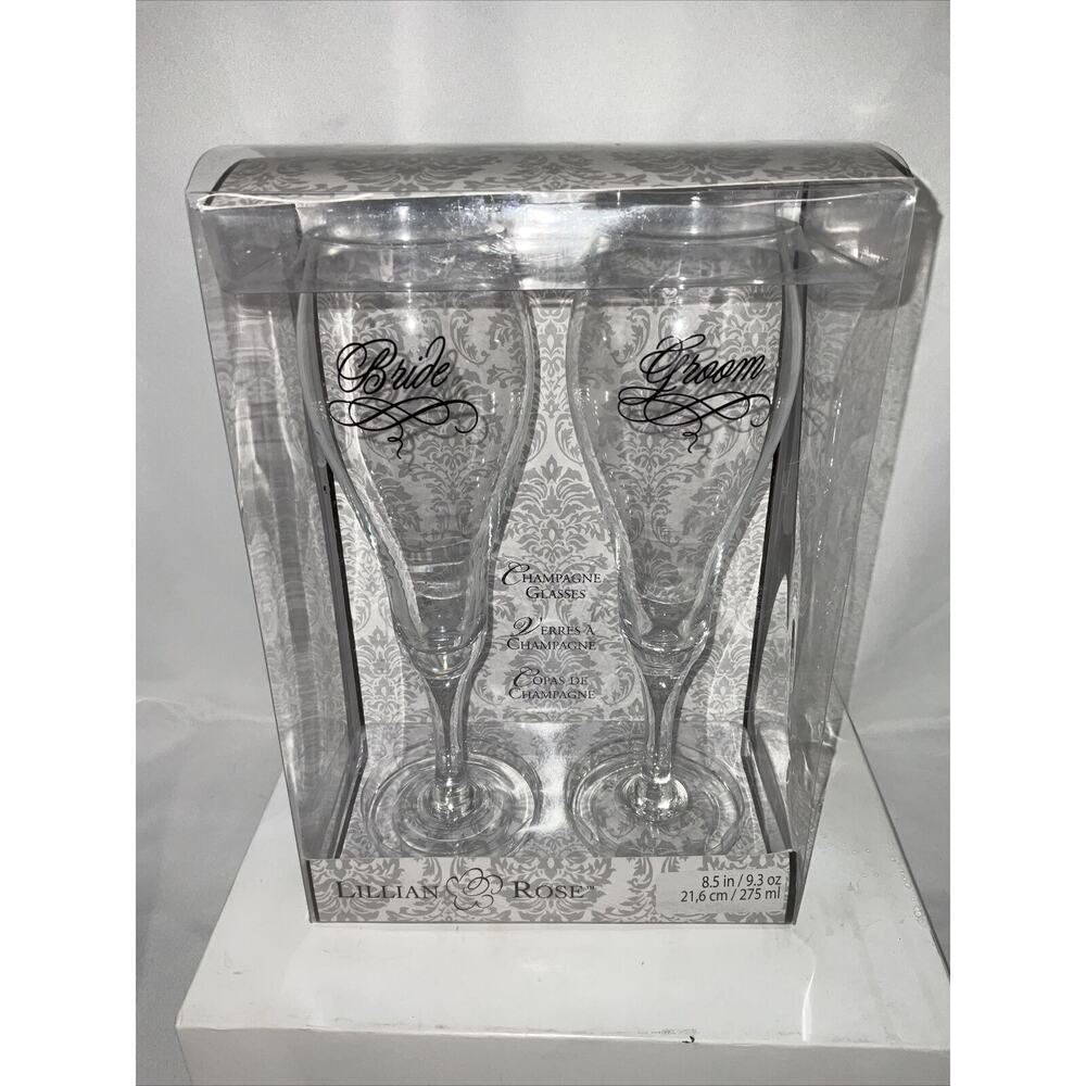 NEW LILLIAN ROSE BRIDE GROOM WEDDING TOAST CHAMPAGNE GLASSES 8.5” 9.3oz